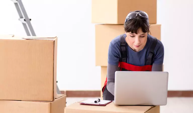 woman searching for something on a laptop and some cardboard boxes at the back